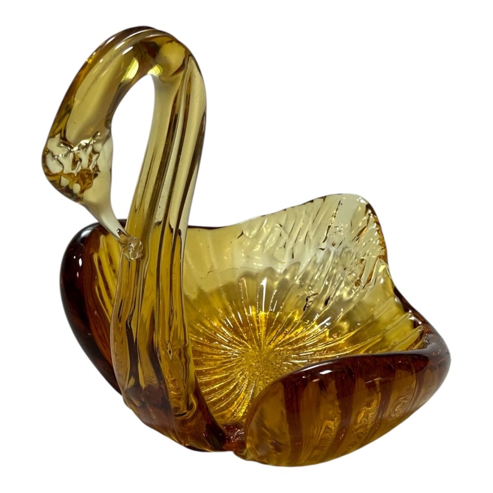 Vintage Amber Art Glass Swan Dish Hand Blown Trinket Bowl Honey Gold Decor